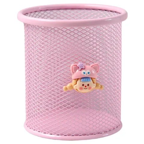 Cute Cartoon Metal Mesh Pen Holder Round Hollow Desk Organizer School Office Stationery Storage Pencil Cup Stand Box For Students Office Worker