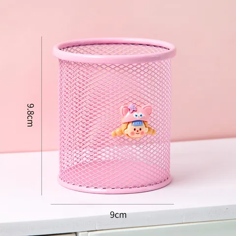 Cute Cartoon Metal Mesh Pen Holder Round Hollow Desk Organizer School Office Stationery Storage Pencil Cup Stand Box For Students Office Worker