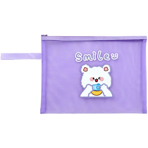 Trousse à Crayons en Maille Transparente de Dessin Animé Mignon Sac de Rangement en Nylon Portable de Grande Capacité Organisateur de Papeterie pour Étudiants