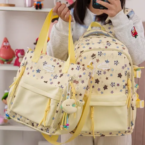 Zaino da Campus Casual Carino in Stile Giapponese Ins Borsa Scolastica Multitasche in Nylon Viaggio Daypack Con Ciondolo Per Studente