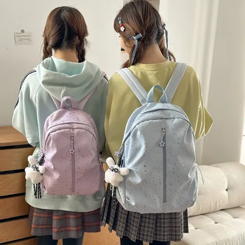 Zaino Scolastico Motivo a Stelle Stile Coreano per Ragazze Stelle Dolci Stampa in Nylon Zaino da Viaggio con Ciondolo in Peluche