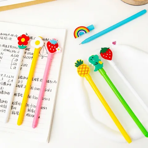 Creative Cartoon Gel Pen 0.5mm Fine Point Plastic Writing Ink Pen Cute Silicone Fruit Animal Topper For School Office Students
