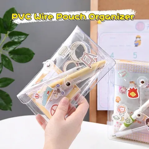 Clear PVC Waterproof Storage Bag String Wrap Button Closure Large Capacity Portable Stationery Pencil Case Organizer