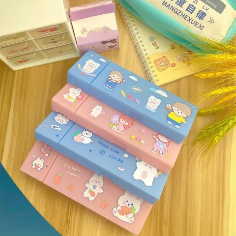 Estuche para Lápices de Plástico PP Esmerilado con Dibujos Animados Caja de Papelería Portátil de Gran Capacidad para Estudiantes