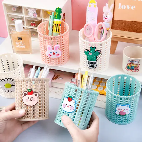 Creative Cartoon Rattan Like Woven Pen Holder Cute Desktop Storage Bucket Student Stationery Makeup Brush Storage Box