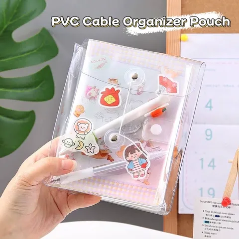 Clear PVC Waterproof Storage Bag String Wrap Button Closure Large Capacity Portable Stationery Pencil Case Organizer