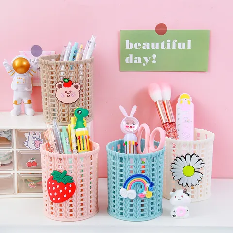 Creative Cartoon Rattan Like Woven Pen Holder Cute Desktop Storage Bucket Student Stationery Makeup Brush Storage Box