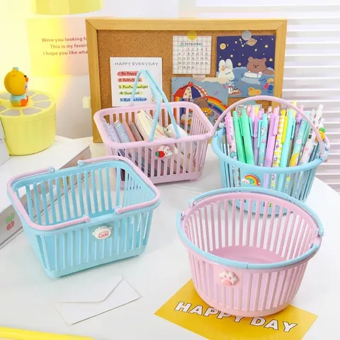 Cute Cartoon Macaron Plastic Desktop Storage Basket With Folding Handle Stationery Cosmetic Organizer Round Mini Hollow Crate