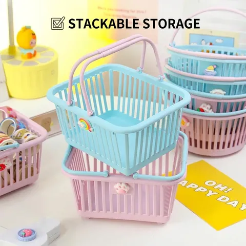 Cute Cartoon Macaron Plastic Desktop Storage Basket With Folding Handle Stationery Cosmetic Organizer Round Mini Hollow Crate