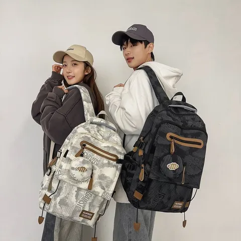Ensemble Sac à Dos Nylon Unisexe Grande Capacité Avec Porte-monnaie Cartable Camouflage pour Étudiants Protection Colonne