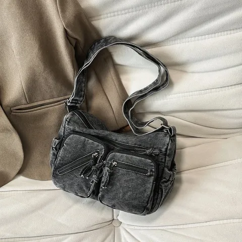 Dames Grote Capaciteit Gewassen Denim Schoudertas Casual Modieuze Trendy Woon-werkverkeer Schoudertas Meerdere Zakken Handtas