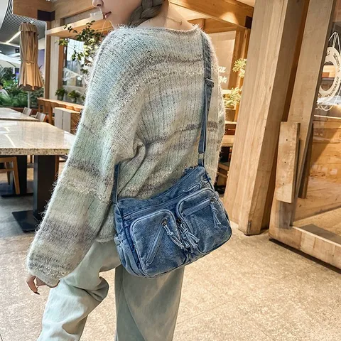 Dames Grote Capaciteit Gewassen Denim Schoudertas Casual Modieuze Trendy Woon-werkverkeer Schoudertas Meerdere Zakken Handtas