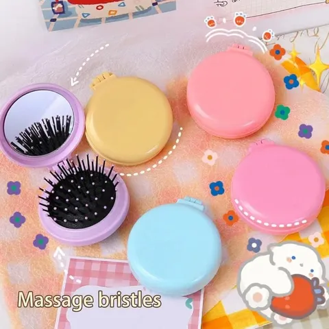 Tragbare Faltbare Haarbürste Mit Spiegel Kompakt Airbag Massagekamm Makronenfarbe Mini Pocket Reise Make-up Kamm Für Damen Studenten