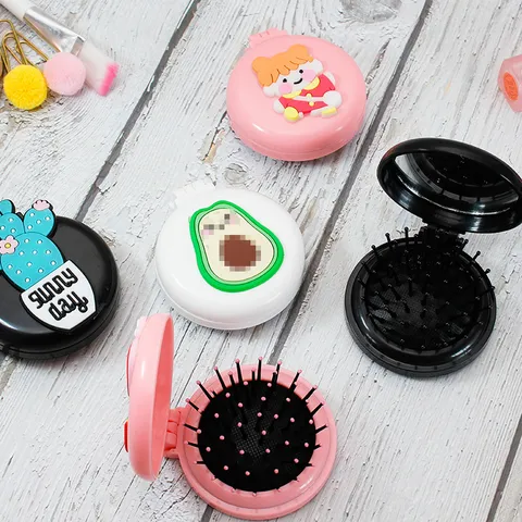 Cute Cartoon Bear Folded Hair Comb With Makeup Mirror Portable Pocket Air Cushion Scalp Massage Comb For Travel Women Girls