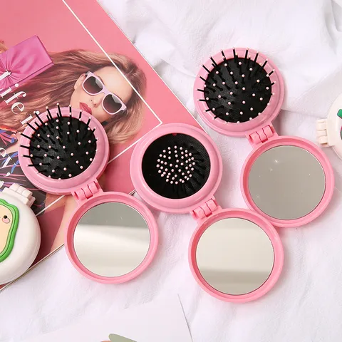 Cute Cartoon Bear Folded Hair Comb With Makeup Mirror Portable Pocket Air Cushion Scalp Massage Comb For Travel Women Girls