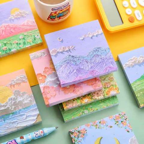 Kreative 3D Ölgemälde Haftnotizen Künstlerisch Selbstklebend Notizblock Landschaft Cartoon Tier Nachricht Notizpapier Journal Scrapbook Schreibwaren Schule Bürobedarf