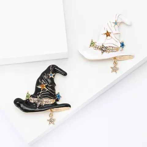 Kreative Legierung Emaille Zauberhut Brosche Personalisierte Halloween Zauberer Hut Nadeln Für Damen Herren Anzug Mantel Farbige Strass Stern Anhänger Broschen