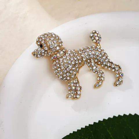 Cute Poodle Dog Brooch Alloy Rhinestone Inlaid Gold Puppy Pin For Suit Dress Elegant Fashion Animal Brooch For Women Jewelry