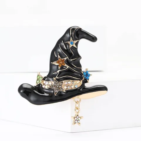 Kreative Legierung Emaille Zauberhut Brosche Personalisierte Halloween Zauberer Hut Nadeln Für Damen Herren Anzug Mantel Farbige Strass Stern Anhänger Broschen