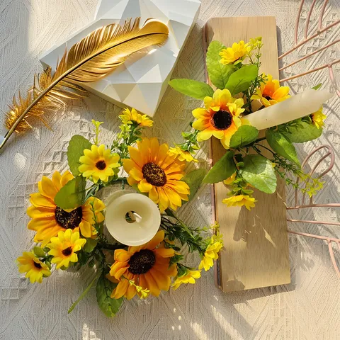 Artificial Sunflower Wreath Candle Ring For Front Door Wall Decor Simulated Sunflowers Silk Flower Floral Garland For Home Wedding Party Decor