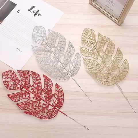 Glitter Artificial Monstera Leaves Plastic Simulation Palm Leaf For Christmas Tree Wedding Party Home Decor Table Accent Hanging Garland Ornament
