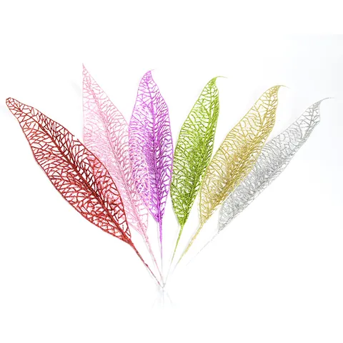 Christmas Hollow Glitter Plastic Leaf Decoration Artificial Glittery Sword Leaf For Christmas Tree Ornaments Party Decor