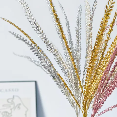 Paillettes Brillantes Branche de Fleur Artificielle Luxe Européen Plastique Plume Feuille Tige Pour Noël Mariage Maison Fête Table Décoration