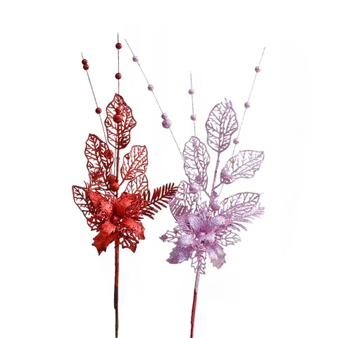 Glitter Artificial Flowers Lily Leaf Christmas Tree Picks Spray Foam Berries Branches Ornaments For Holiday Party Christmas Tree Decorations