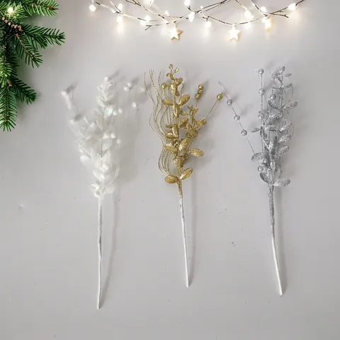 Pics de Décoration de Sapin de Noël Pailletés Tiges de Baies Artificielles Spray Floral Pour Ornement de Fête Maison Mariage