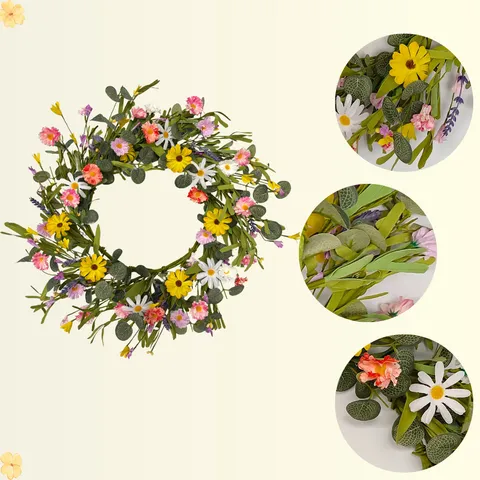 Artificial Flower Wreath With Eucalyptus Leaves Multicolor Daisies Silk Plastic Paper Floral Wall Hanging For Home Wedding