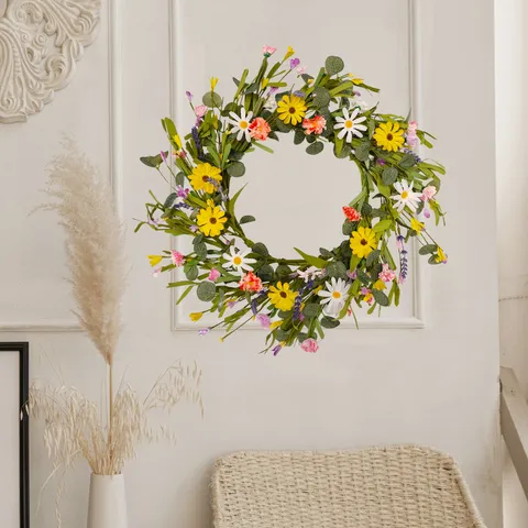 Artificial Flower Wreath With Eucalyptus Leaves Multicolor Daisies Silk Plastic Paper Floral Wall Hanging For Home Wedding