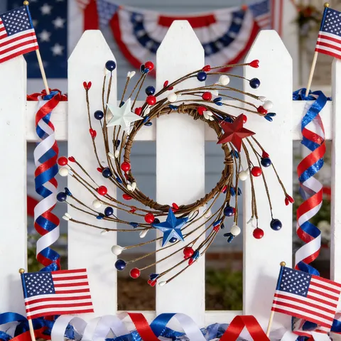 Independence Day Wreath Red White Blue Star Berry Candle Ring Patriotic American Flag Home Living Room Decor