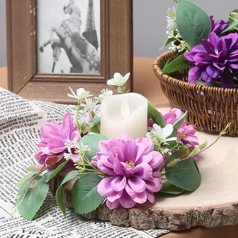 Artificial Dahlia Candle Ring Garland Wedding Centerpiece Decor Home Table Ornament Silk Flower Wreath
