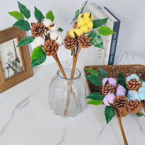 Rustikal Trockenblumen Baumwolle Tannenzapfen Weihnachtsstecker Mehrfarbig Baumwollball Kunstseide Grüne Blätter Festlicher Zweig Für Zuhause Feiertag Tisch Vase Dekoration Fotografie Requisiten