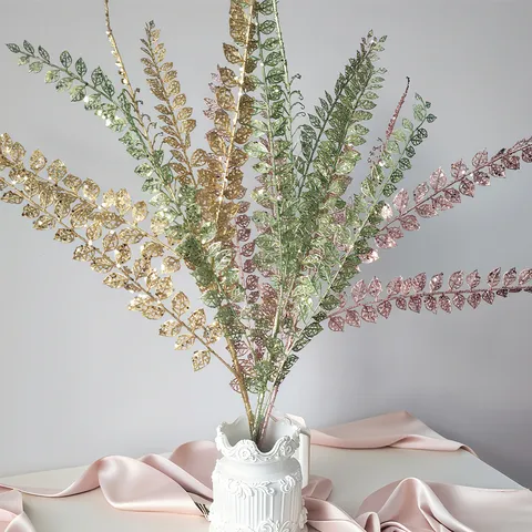 Artificial Flower Spray Glitter Sequin Double Leaf Clover Plastic Branch Modern Euro-American Decorative Stem for Home Wedding Christmas Party Vase Filler Placement Supply