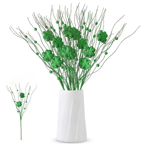 Steli di Quadrifoglio Artificiali per San Patrizio Rami di Bacche di Quadrifoglio con Brillantini Verdi Per Decorazione Tavolo e Festa del Festival Irlandese