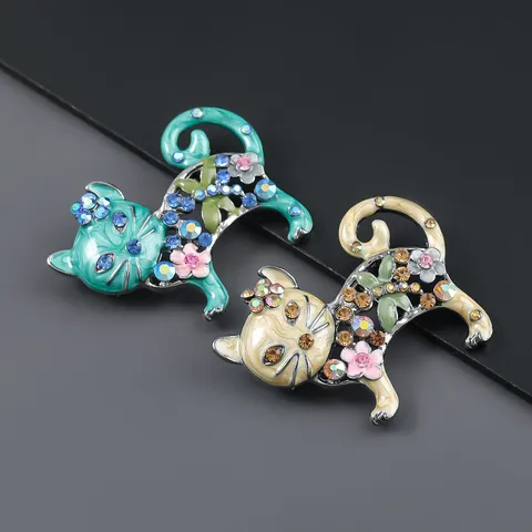 Spilla Gatto Vintage in Lega Strass Smalto Floreale Gatto Pin Accessorio Corsage Popolare per Moda Donna Regalo Gioielli