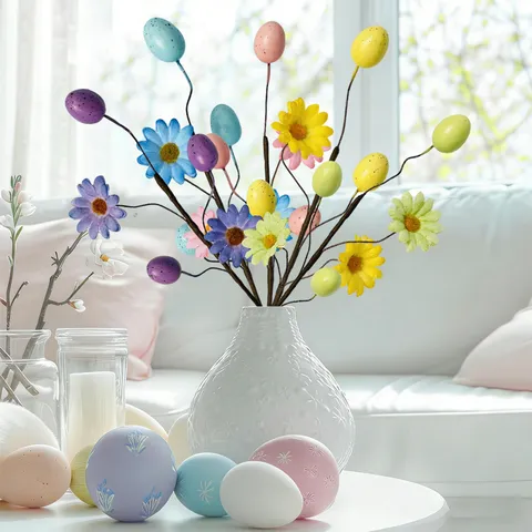 Easter Egg Daisy Artificial Plant Pick Speckled Colorful Foam Eggs Silk Flowers Decorative Branch For Home Table Party Decor