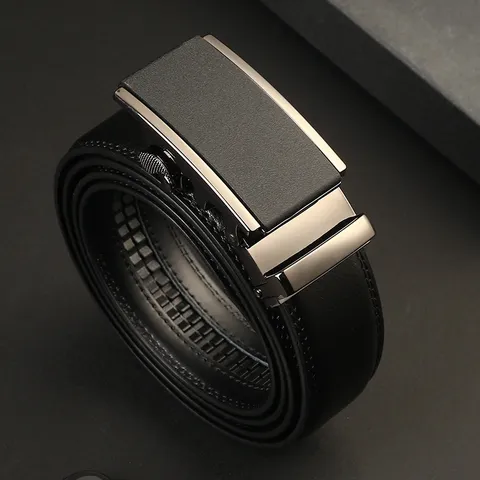 Men Business Casual Ratchet Belt Automatic Buckle Split Cowhide Leather Embossed Belt For Office Daily Wear Classic Black Belt