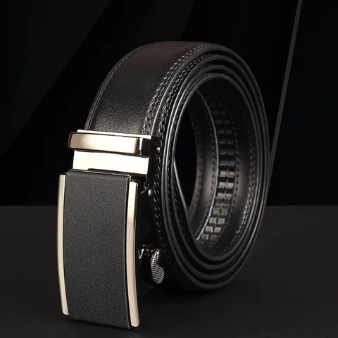 Men Business Casual Ratchet Belt Automatic Buckle Split Cowhide Leather Embossed Belt For Office Daily Wear Classic Black Belt