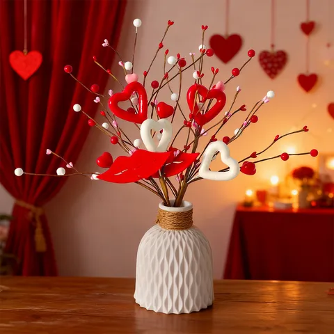 Valentine's Day Artificial Heart Lip Decorative Spray Stems Plastic Iron Wire Romantic Red Pink Berry Branches For Wedding Home Decor