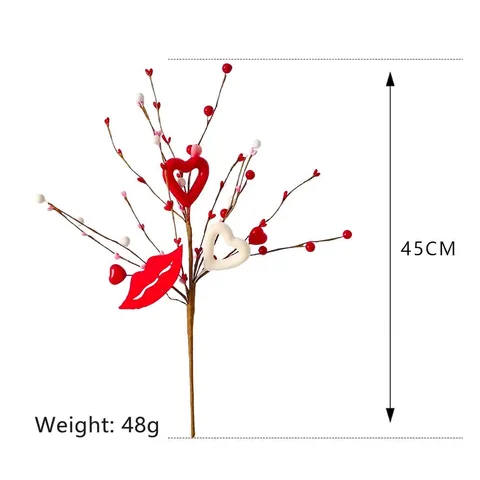Valentine's Day Artificial Heart Lip Decorative Spray Stems Plastic Iron Wire Romantic Red Pink Berry Branches For Wedding Home Decor