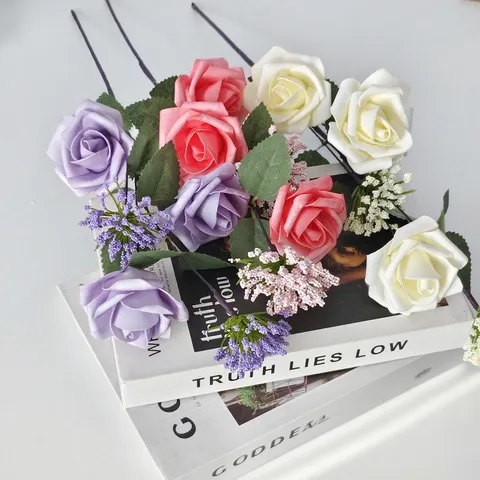 Flores de Rosa con Bordes Enrollados Artificiales de Espuma con Fruta de Milán para Decoración de Mesa de Boda Hogar Hotel