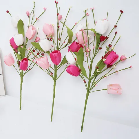 Artificial Tulip Rose Flower Stem With Heart Berry Butterfly Decor Bouquet For Valentine Mother Day Wedding Home Decoration Holiday Party Floral Centerpiece Arrangement