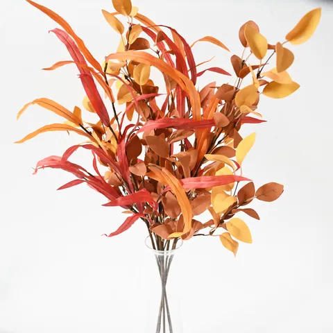 Artificial Autumn Eucalyptus Willow Leaf Bouquet Orange Faux Plant Branches For Home Office Wedding Table Decor