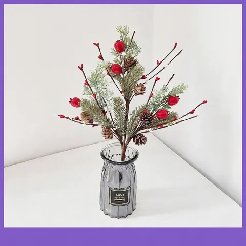 Artificial Pine Needles Red Berry Stems Christmas Decorations With Pinecones Frosted Berry Branches For Holiday Floral Arrangements Home Decor