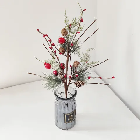 Artificial Pine Needles Red Berry Stems Christmas Decorations With Pinecones Frosted Berry Branches For Holiday Floral Arrangements Home Decor