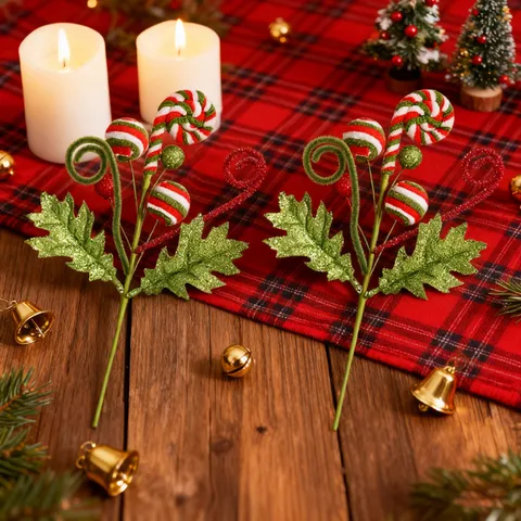 Weihnachten Süßigkeiten Zweig Glitzer Rot Grün Candy Beeren Spray Ornament Feiertag Baum Arrangement Home Decor Tischdeko Zubehör