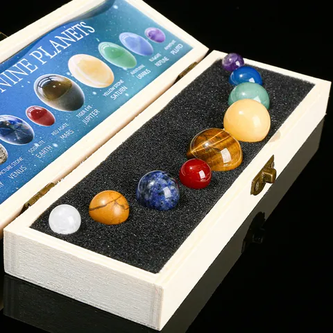 Naturstein Sonnensystem Neun Planeten Kristallkugel Set Mit Holzbox Erzproben Pädagogisches Desktop Ornament Geschenk