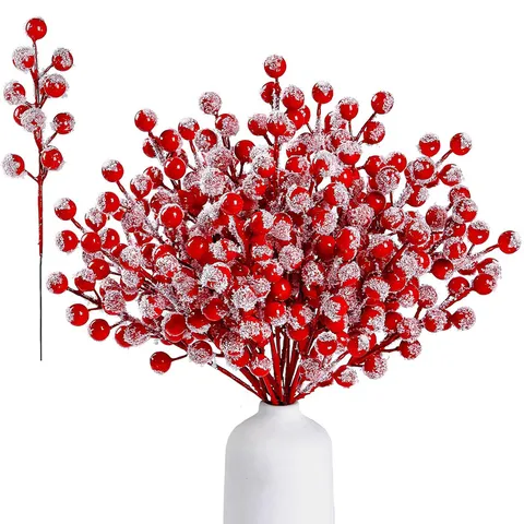 Snow Frosted Artificial Red Berry Stems For Christmas Tree Decoration Holiday Party Home Table Ornament Floral Branch Winter Decor
